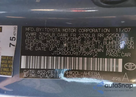 2008 Toyota Prius z USA, uszkodzony, nr VIN JTDKB20U987729912